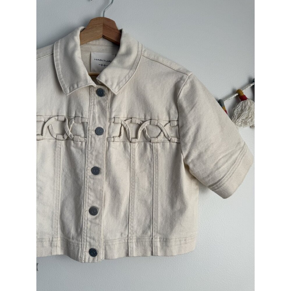 Habitual Braided Yoke Short Sleeve Denim Cropped Shacket Neutral Classic Boho M - Picture 5 of 9